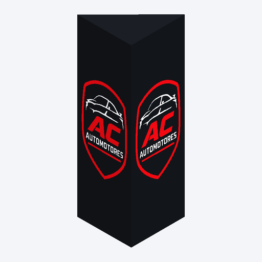 Diseño tridimensional del cartel triangular negro de AC Automotores con su logo rojo y blanco
