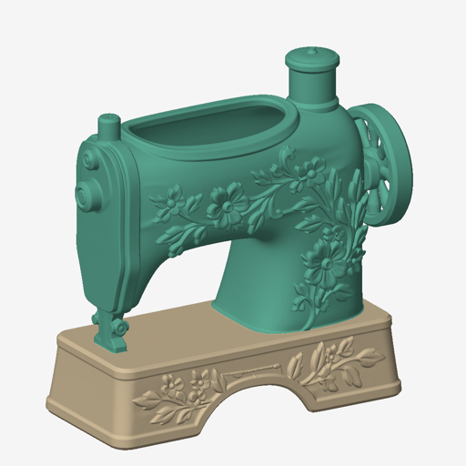 Vista del modelo de una maceta con forma de máquina de coser y detalles en relieve
