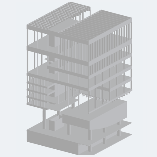 Vista tridimensional de una maqueta arquitectónica blanca con varios niveles y columnas